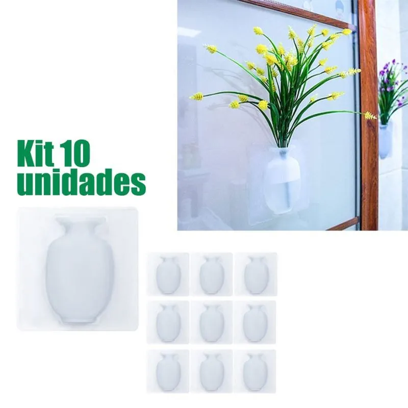 Vaso de Plantas Silicone Enfeite Adesivo Vidro Parede Flor Agua Kit 10