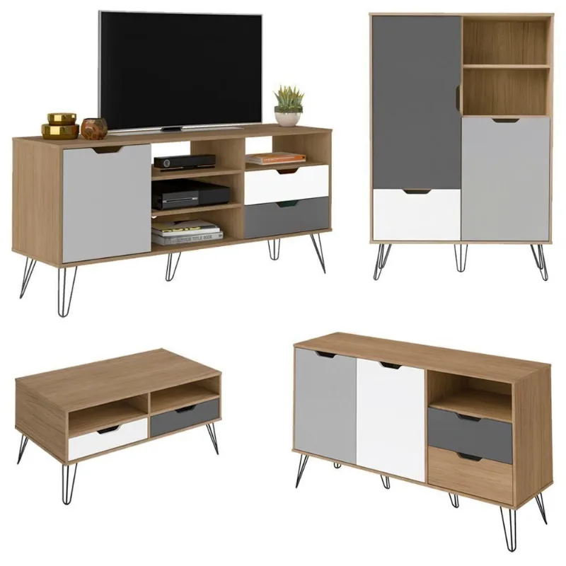 Conjunto Sala Estar Rack Tv 60 Pol Carvalho Branco Grafite Prata Arly Carvalho Branco