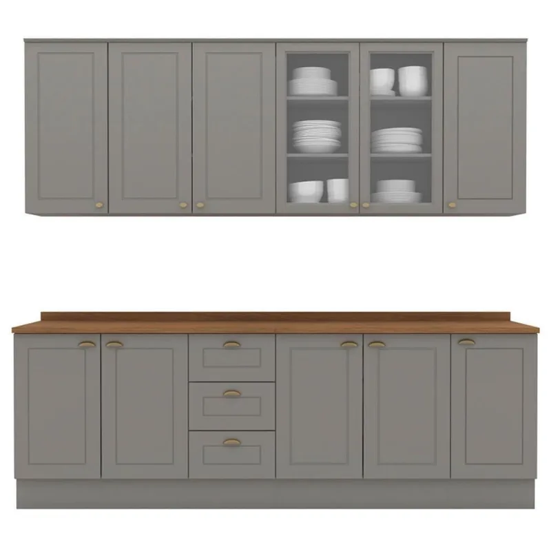 Cozinha Modulada 9 Pecas 240cm Ce856 Americana Henn Cinza Nature
