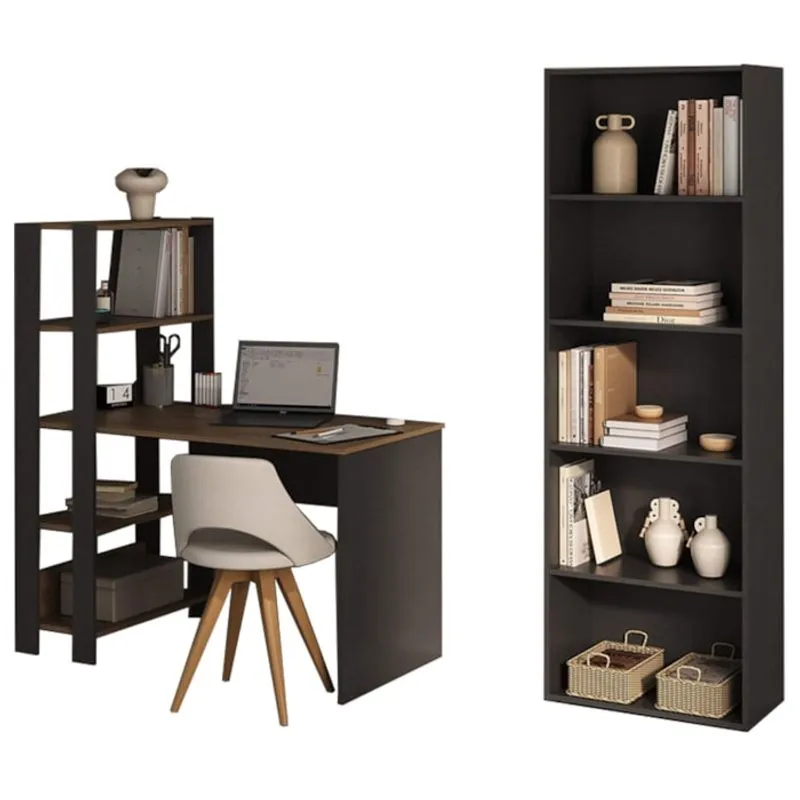 Mesa Escrivaninha E Estante 5 Prateleiras Pinho Preto Arly