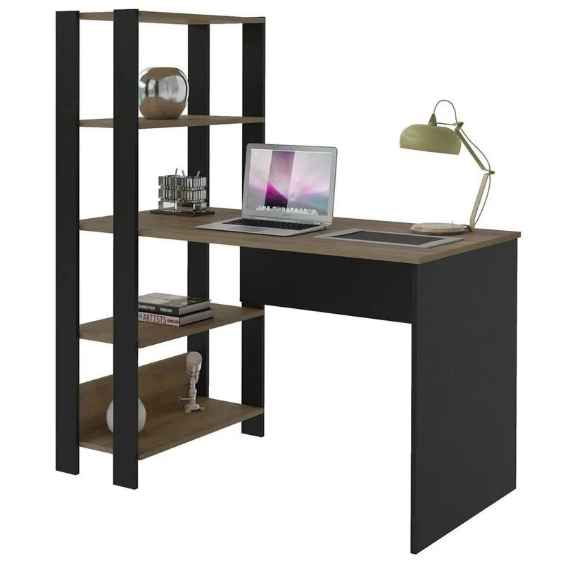 Mesa Escrivaninha 134x120 Cm 3 Prateleiras Pinho Preto Arly Pinho Preto