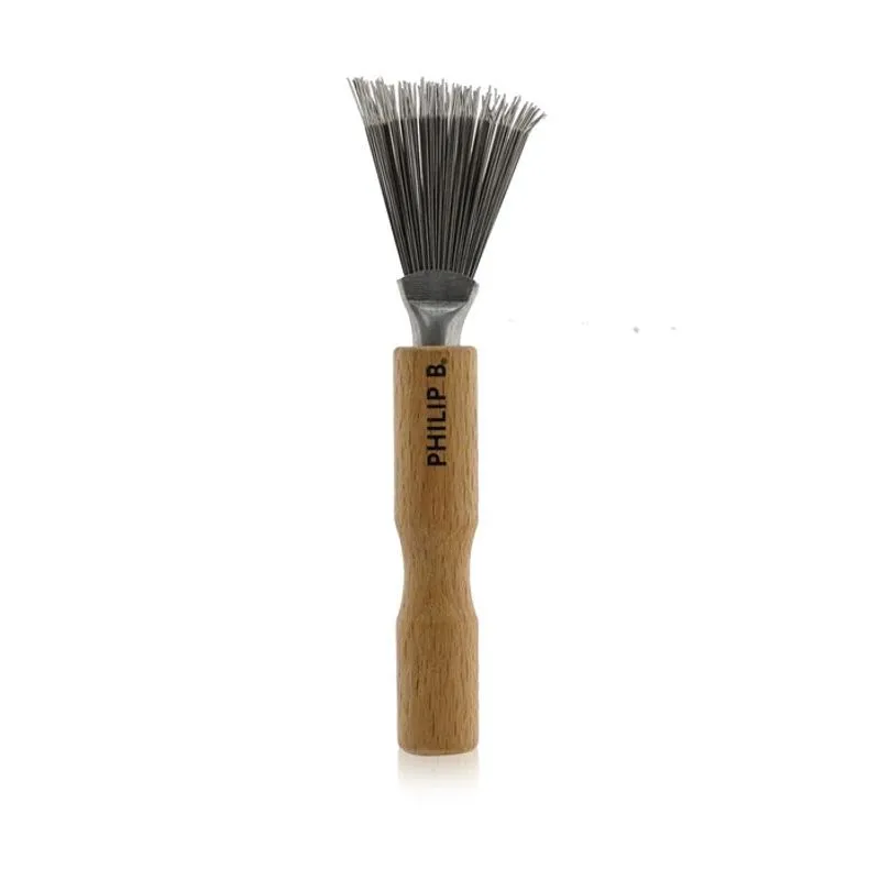 Limpador De Escovas De Cabelo Philip B Mini Em Aço Inoxidável Com Cabo De Carvalho