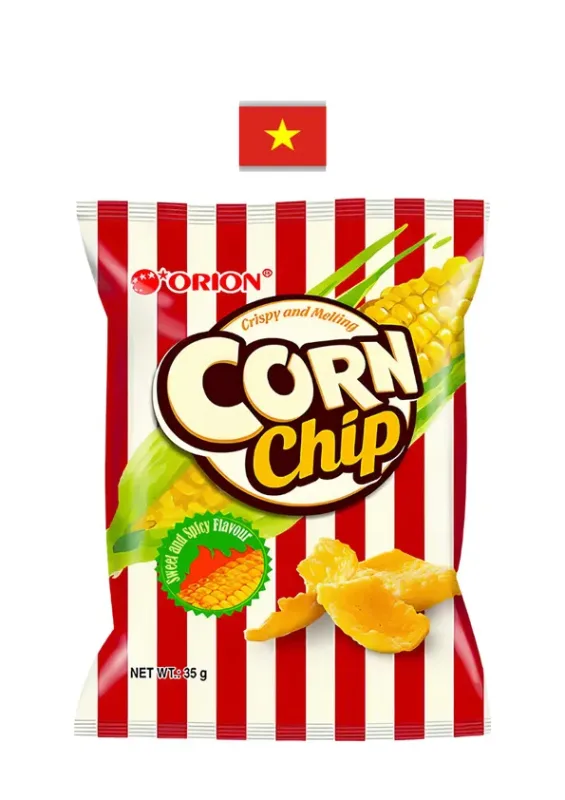 ORION CORN CHIP SPICY 35g - Salgadinho de milho sabor agridoce e apimentado. Origem: Vietnã