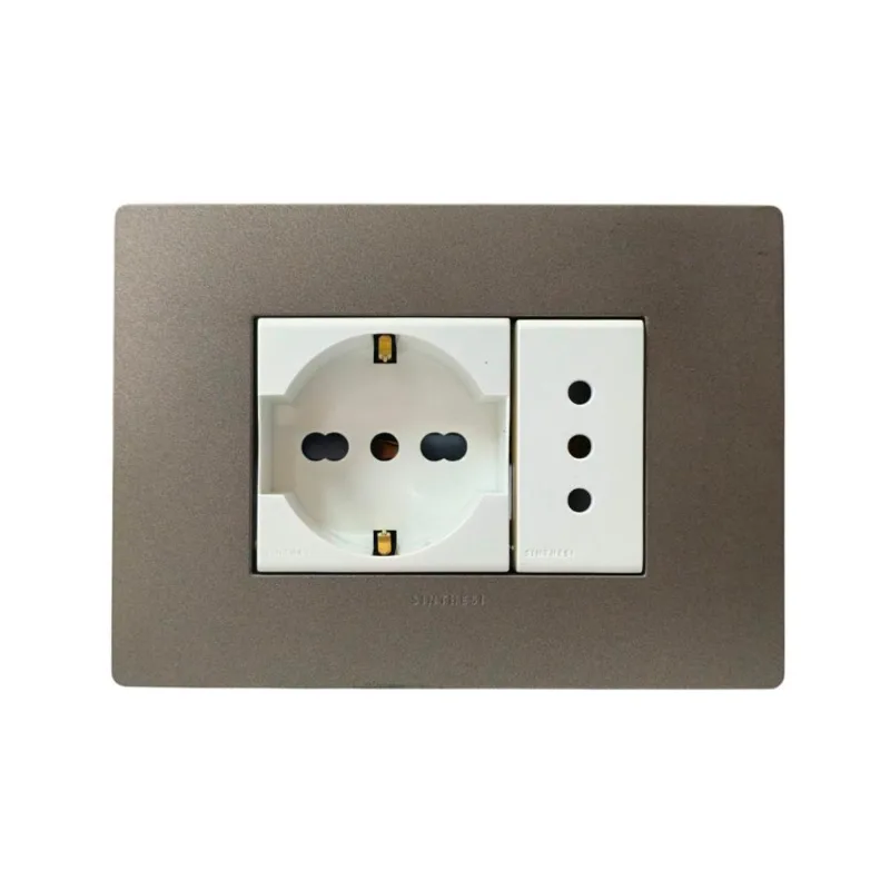 TOMACORRIENTE DOBLE 1 SCHUKO Y 1 3 EN LINEA S33 PLACA PIEDRA Y DADOS S22 BLANCOS SINTHESI