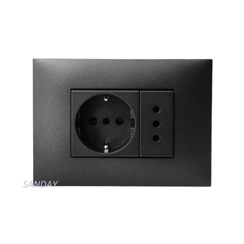 TOMACORRIENTE DOBLE 1 SCHUKO Y 1 3 EN LINEA NEVE UP PLACA CARBON MATE Y DADOS CARBON MATE VIMAR