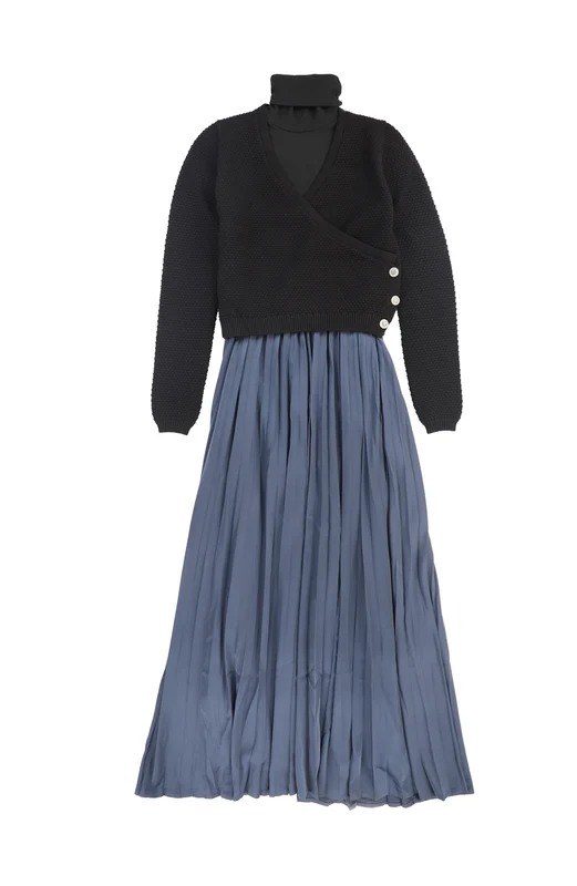 TEA BLACK/BLUE SATIN PLEAT WRAP CARDIGAN DRESS SET [FINAL SALE] S