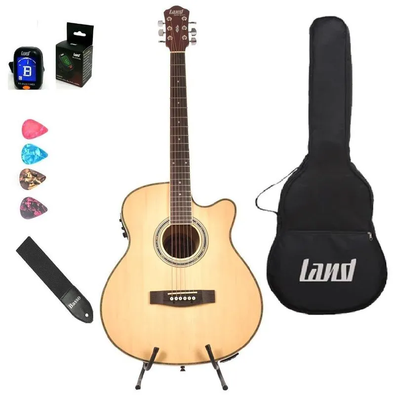 Kit Violão Land Eletroacústico Aço Natural+capa+correia