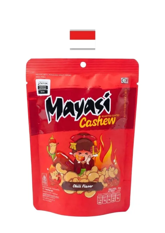 MAYASI SALG CASHEW CHILLI FLAVOR 45g - Salgadinho com castanha-de-caju sabor pimenta. Origem: Indonésia