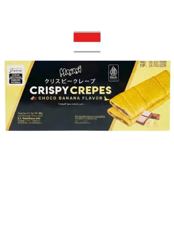 MAYASI CRISPY CREPES CHOCO BANANA 85g - Crepe crocante recheado sabor chocolate e banana. Origem: Indonésia