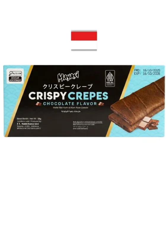 MAYASI CRISPY CREPES CHOCOLATE 85g - Crepe crocante recheado sabor chocolate. Origem: Indonésia