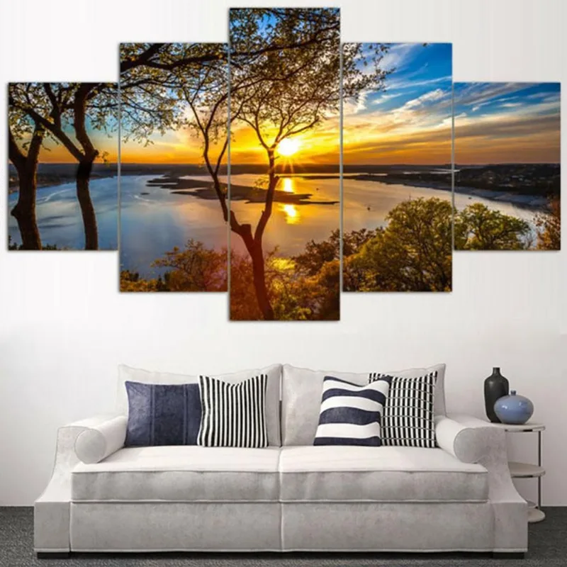 Quadros Decorativos 5 Peças Arvores Por Do Sol Paisagem