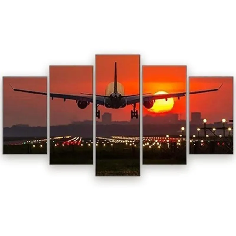 Quadro Decorativo Avião Ao Pôr Do Sol Kyme 5 Peças