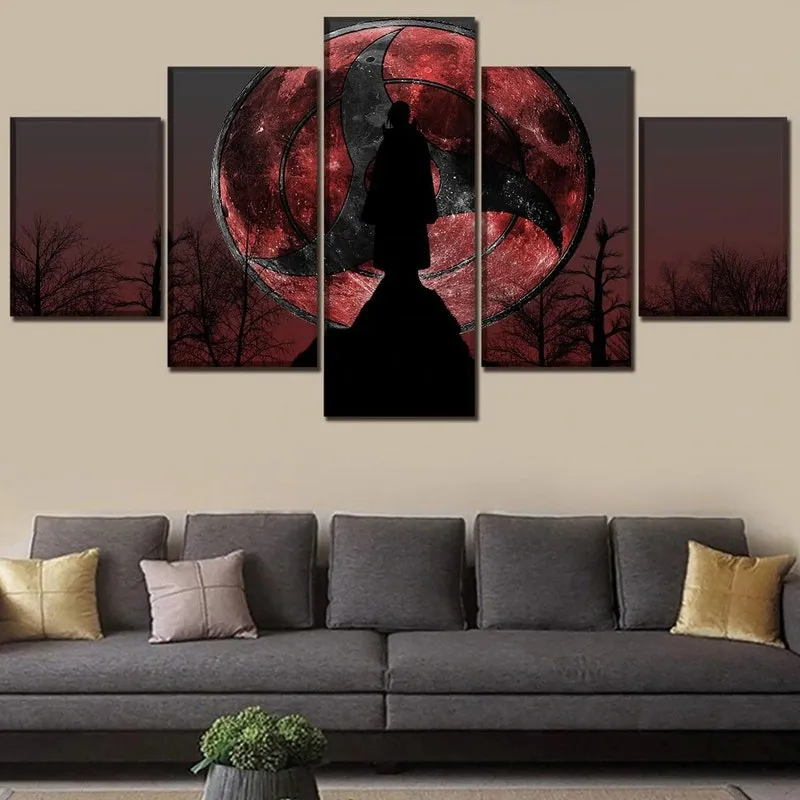 Quadros Decorativos 5 Peças Naruto Itachi Sharingan Lua