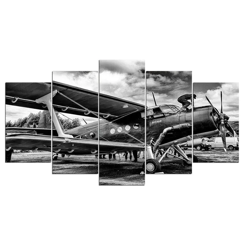 Quadros Decorativos 5 Peças Aviao Retro Antigo Preto Branco