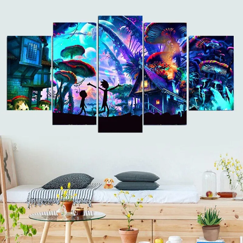 Quadros Decorativos 5 Peças Rick E Morty Colorido Desenhos