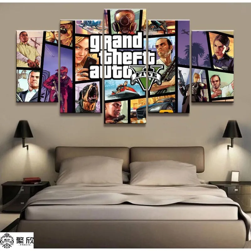 Quadros Decorativos 5 Peças Gta V Grand Theft Auto