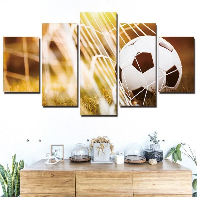 Quadros Decorativos 5 Peças Futebol Bola Na Rede Campo