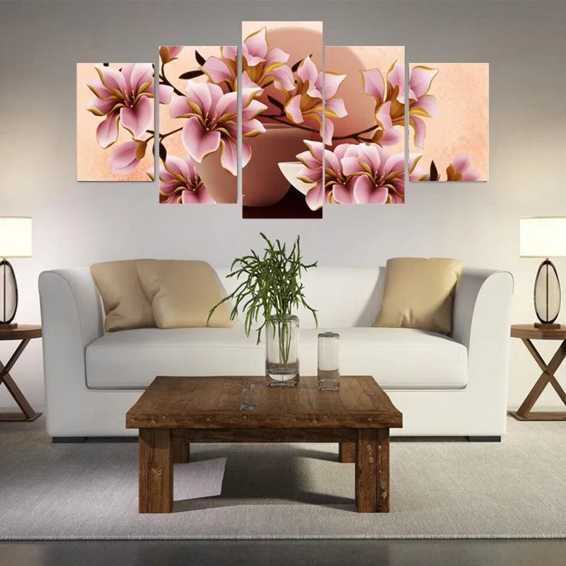 Quadros Decorativos 5 Peças Flores Rosas Arranjos Vasos