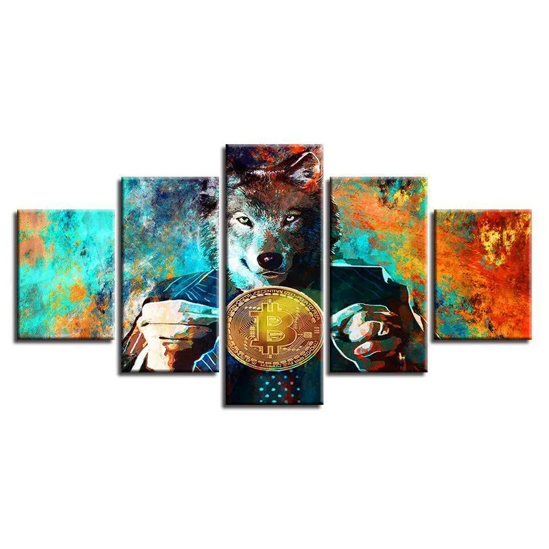 Quadros Decorativos 5 Peças Sr Wolf E Bitcoin Dinheiro