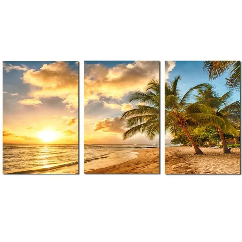 Quadro Decorativo 3 Peças Praia Mar Por Do Sol Coqueiro