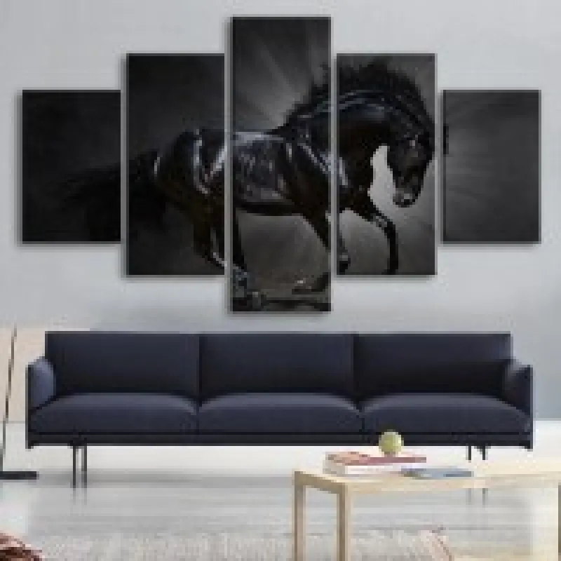 Quadro decorativo mosaico de 5 peças cavalo preto brilho