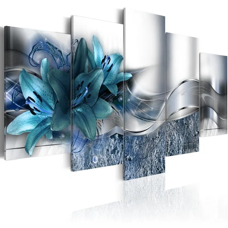 Quadros Decorativos 5 Peças Flor Turqueza Azul Brilhante