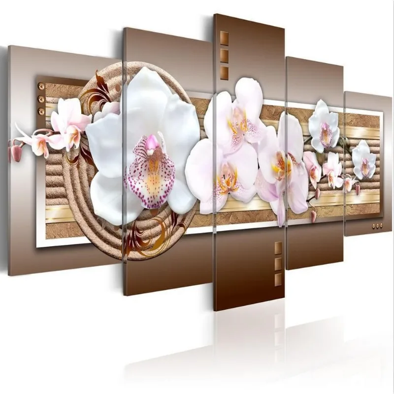 Quadros Decorativos 5 Peças Orquideas Brilhantes Amadeirado