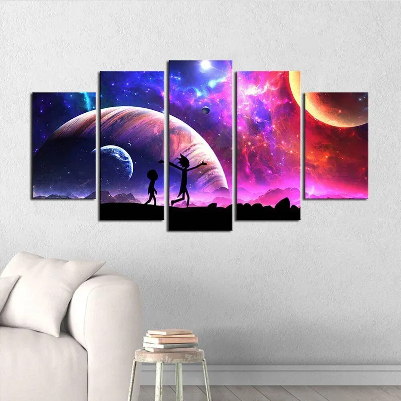 Quadros Decorativos 5 Peças Rick E Morty Colorido Rosa