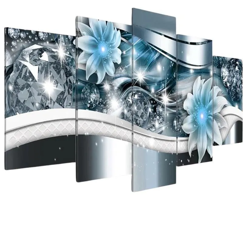 Quadros Decorativos 5 Peças Lirios Azul Brilhantes Moderno