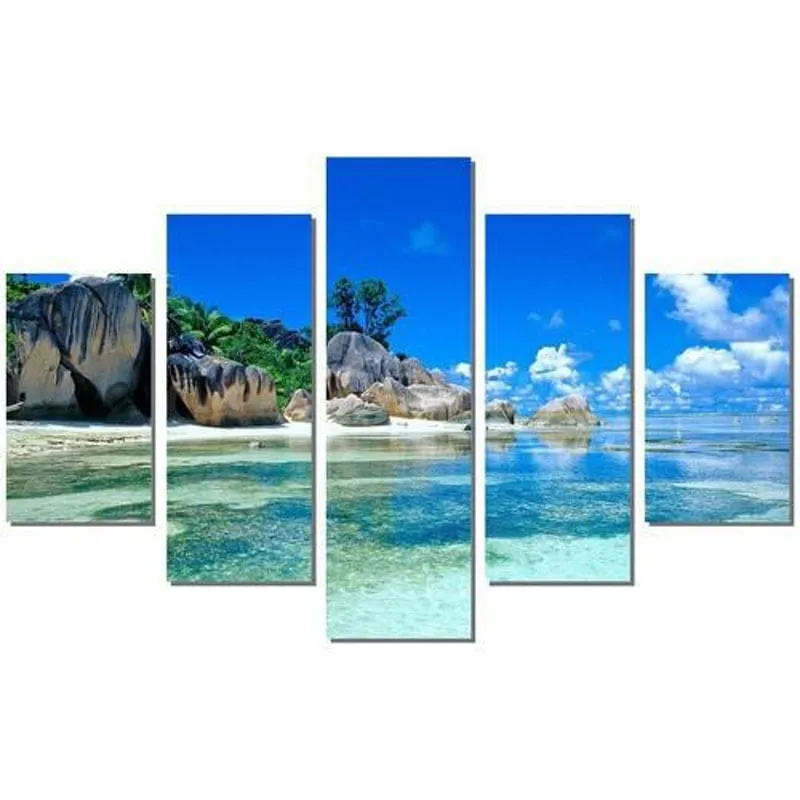 Quadros Decorativos 5 Peças Praia Paisagem Rocha Azul