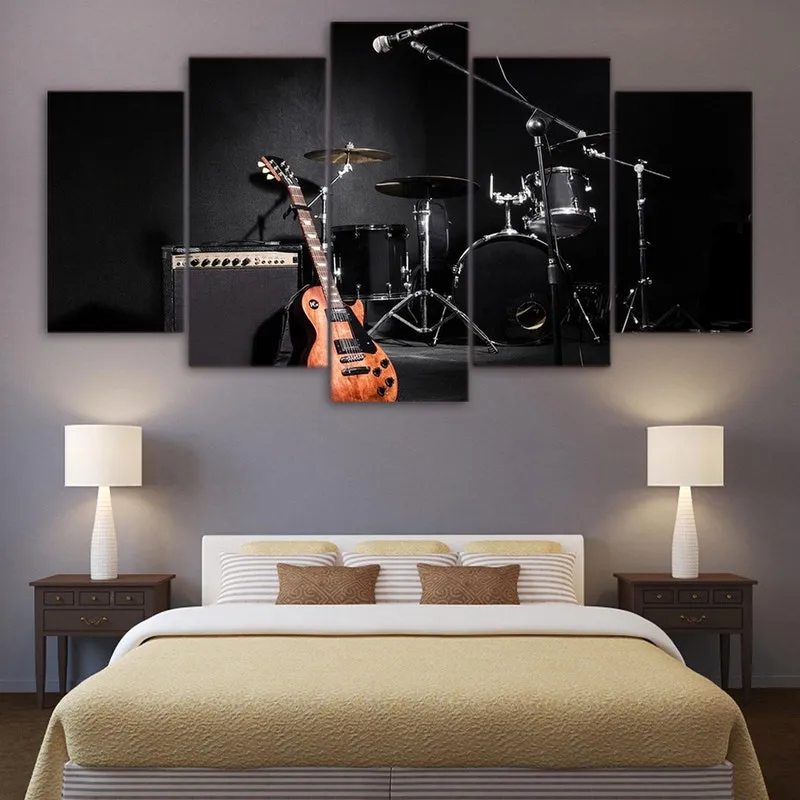 Quadros Decorativos 5 Peças Bateria Guitarra Musicas Rock