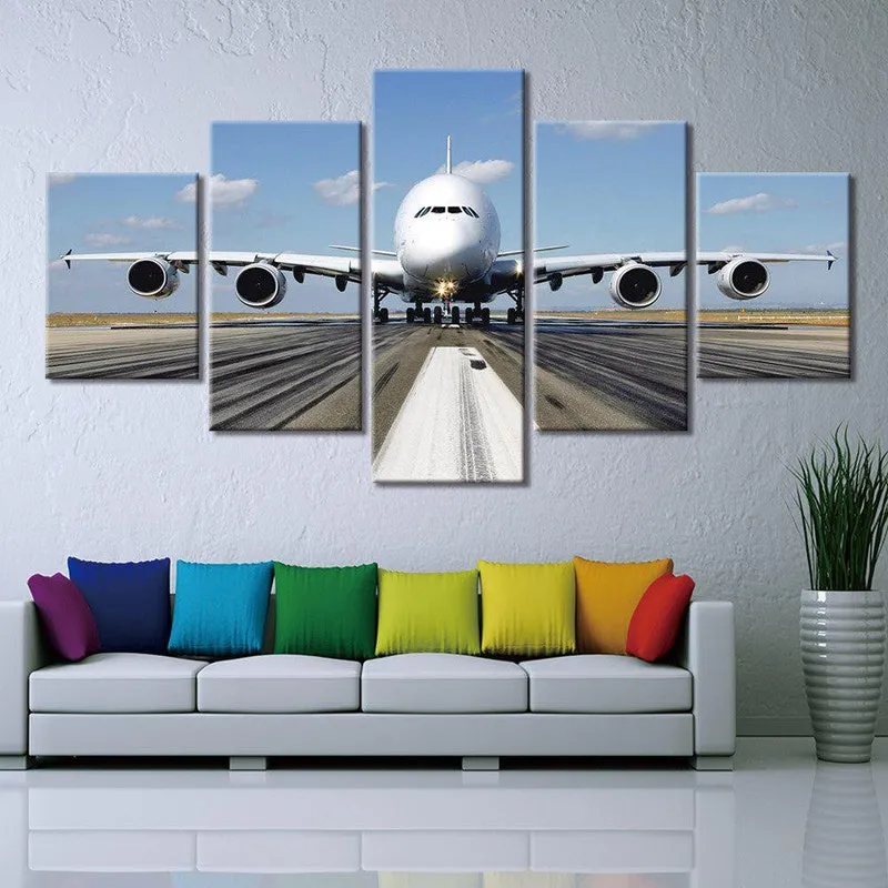 Quadros Decorativos 5 Peças Aviao Decolagem Na Pista