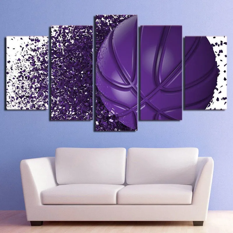 Quadros Decorativos 5 Peças Bola De Basquete Roxa Abstrato