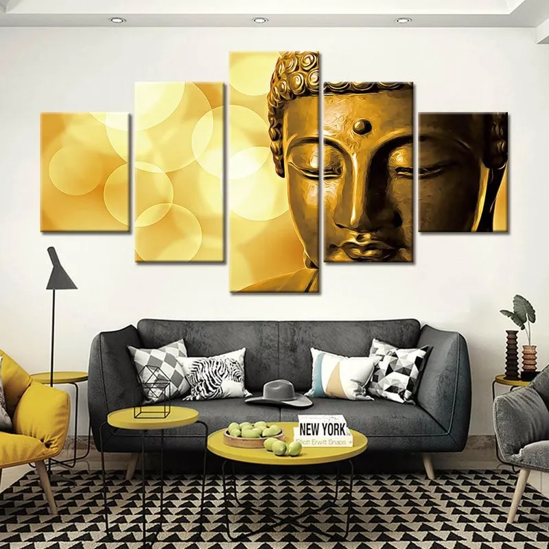 Quadros Decorativos 5 Peças Buda Dourados Budhismo Brilhante