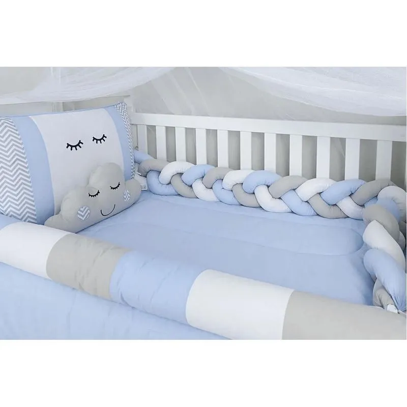 Kit Protetor Berço Trançado Luxo Menino Azul Carinha Nuvem
