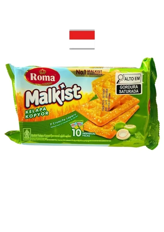MAYORA ROMA BISC COCO MALKIST KELAPA KOPYOR 125g - Biscoito sabor coco. Origem: Indonésia