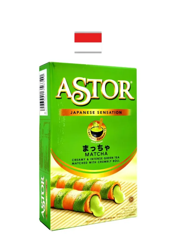 MAYORA ASTOR WAFER STICKS DOUBLE MATCHA 40g - Biscoito wafer com recheio sabor chá verde. Origem: Indonésia