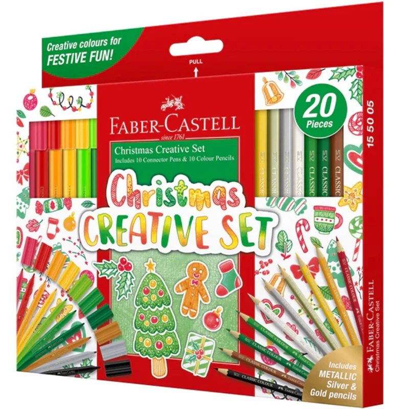 Faber-Castell 20pc Christmas Creative Set Markers Coloured Pencils Metallic Silver Gold SuperOffice