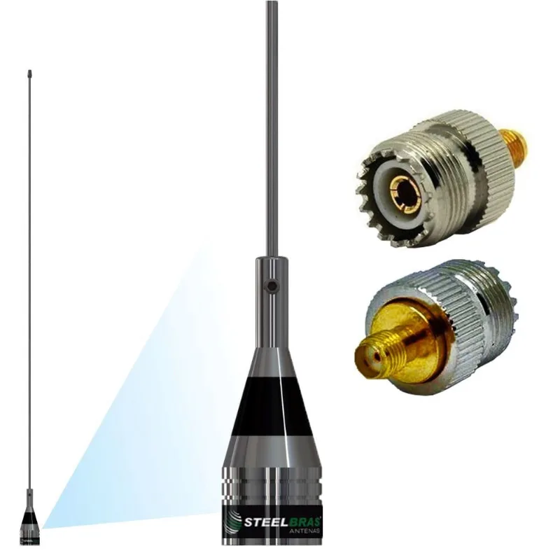 Antena Móvel 1/4 de Onda vhf 130-900mhz Steelbras AP0186 + Adaptador para Rádio Baofeng