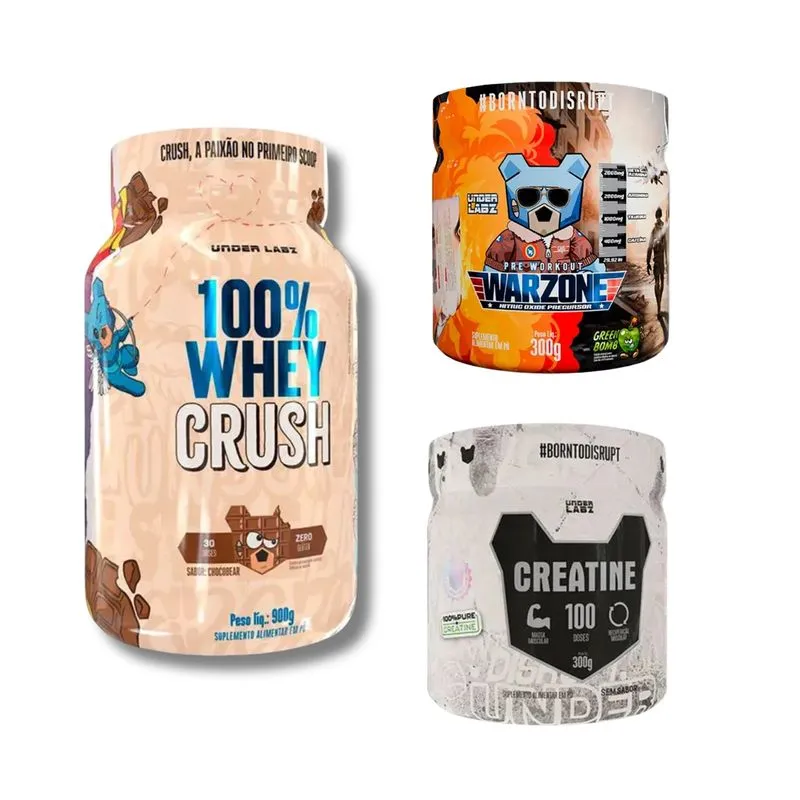 Kit Whey 100% Crush Concentrada Chocobear 900g + Creatine Borntodisrupt 300g + Warzone Green Bomb 30