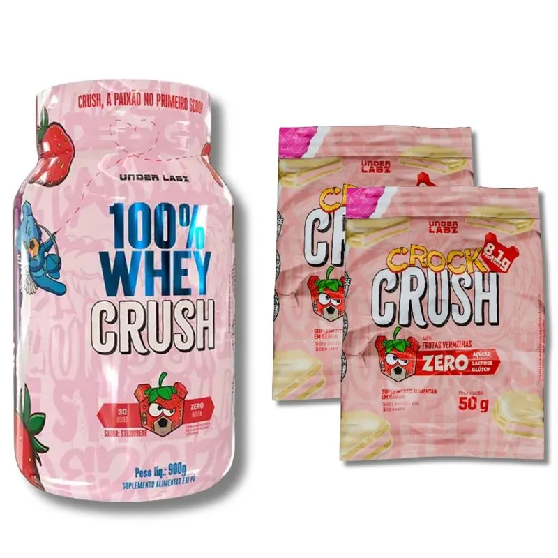 Kit Whey 100% Crush Concentrada Strawbear 900g + 2 Crock Crush 50g Frutas Vermelhas - Under Labz