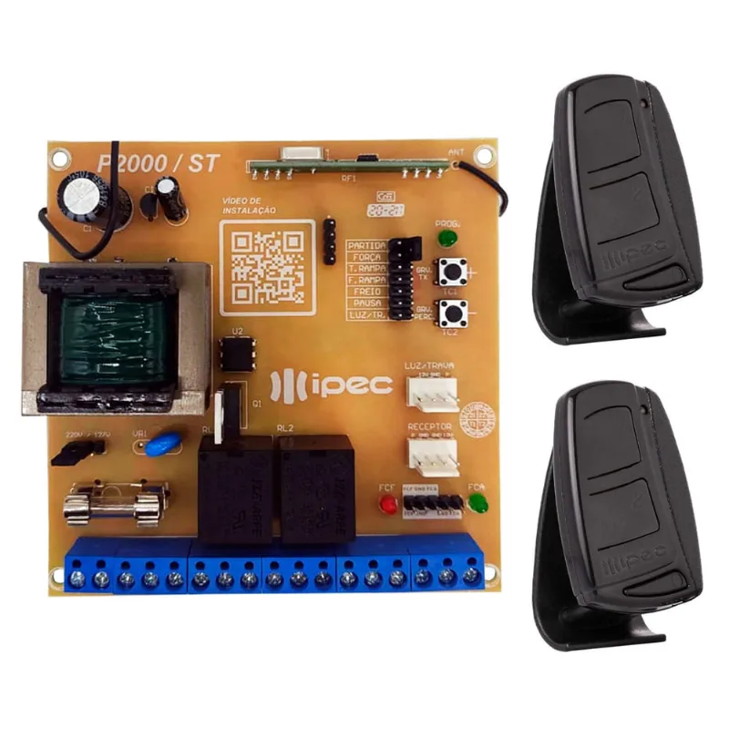 Placa Central de Comando Motor Portão Eletrônico Peccinin P2000 st + 2 Controle tx top 2 Canais Clip Fixação Preto