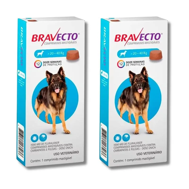 Kit 2 Uni Anti Pulgas E Carrapatos Bravecto 1000 Mg 20 A 40 Kg Msd