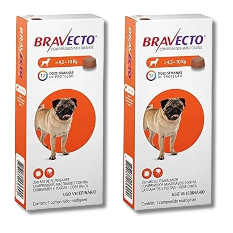 Kit 2 Uni Antipulgas Bravecto Caes 250 Mg 4,5 A 10 Kg Msd