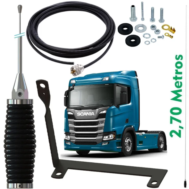 Antena Móvel Px Maria Mole Inox 2,70 metros Suporte Traseiro Lado Carona Nova Scania Cabo 5,5m Parafusos Anti-Furto