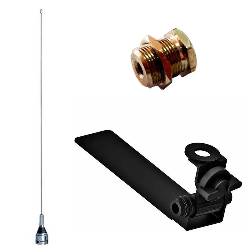 Kit Enfeite Antena Móvel vhf 50cm M-300C + Suporte Bi-Articulado Adaptável Caminhonete Carroceria + Parafuso De Fixação