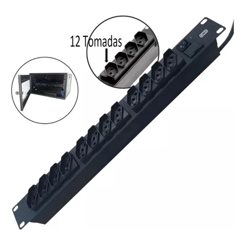 20 Régua Rack 19 Servidor 12 Tomadas Preta Cftv Ipec Bivolt 110v 220v 3 Pinos 10A Inmetro
