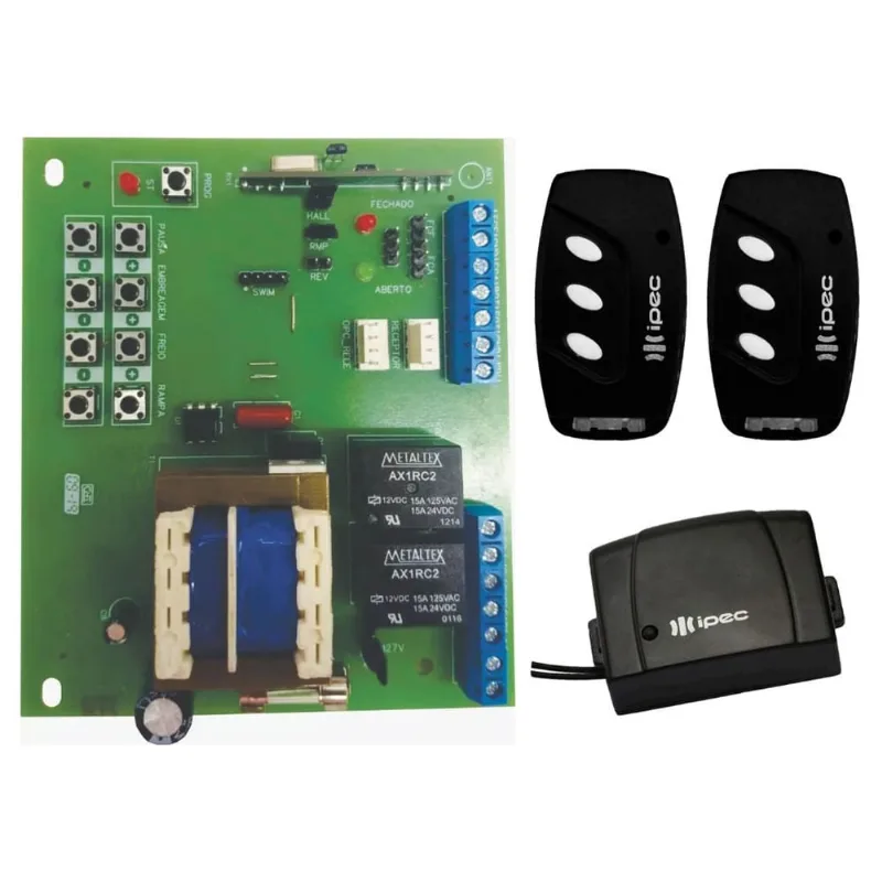 Placa Central Portão Eletrônico Rossi Sensor Hall X4 + 2 Controle Portão 3 Canais com Clip de Fixação + 1 Controle Farol Alto Carro Moto 433mhz