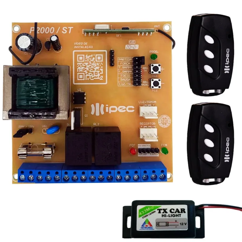 Central Placa Portão Eletrônico Motor Peccinin + 2 Controles 3 Canais com Clip de Fixação + 1 Controle Tx Car Farol Alto Carro e Moto