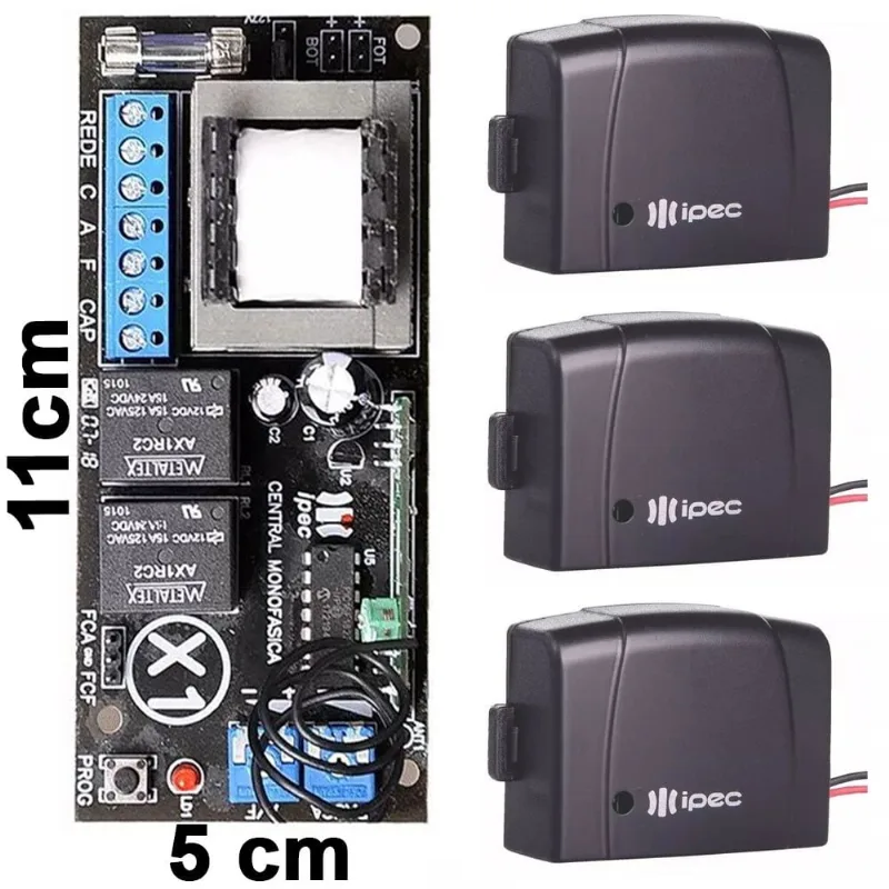Placa Central de Comando Portão Eletrônico Universal 433mhz X1 + 3 Controle Tx Car Farol Alto Carro Moto 12V IPEC